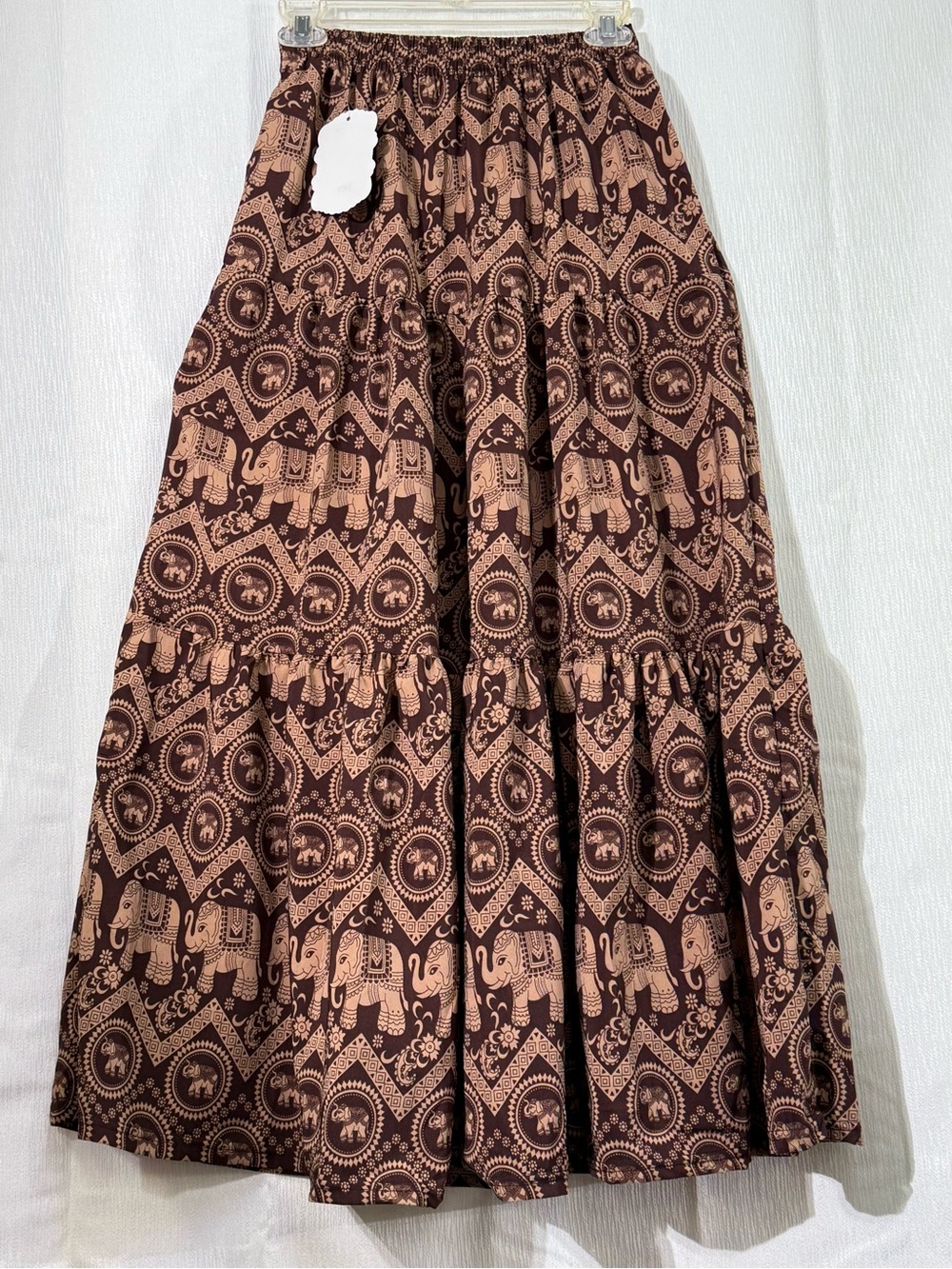 Thai Brown Elephant Print Tiered Maxi Skirt